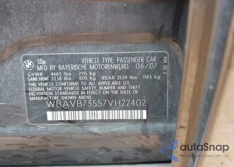 2007 BMW 335I z USA, uszkodzony, nr VIN WBAVB73557VH22402